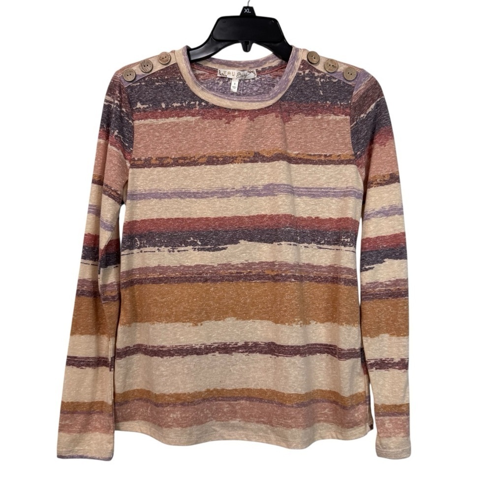 🧨 5/$25 Women’s Boho Earth Tones Striped Long Sleeve Top with Button Accents NWT